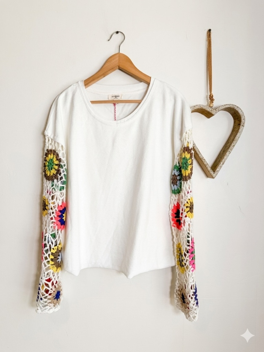 Umgee Ivory Crochet Sleeve Top Boho Floral Knit Sleeve Tee Lightweight LARGE - Picture 2 of 10